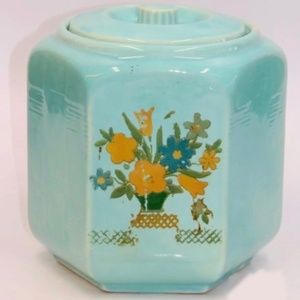 Shawnee Pottery marked USA turquoise cookie jar flower basket decoration vintage
